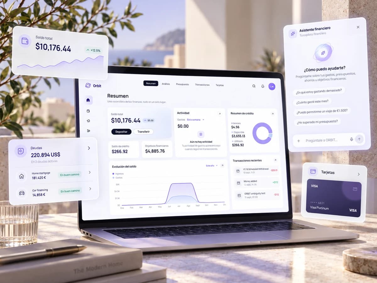 ORBIT Finance promotional cover showing a financial dashboard and financial assistant.
